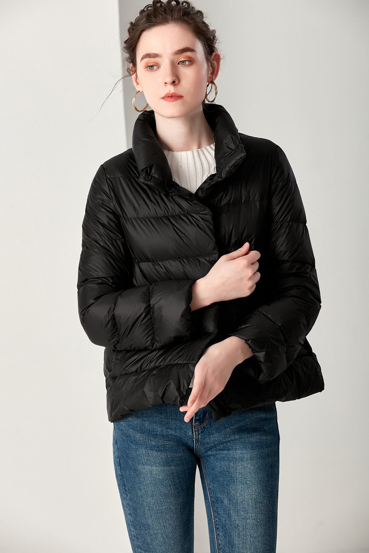 Women’s Lightweight Loose Casual Duck Down Jacket – Stand-Up Collar