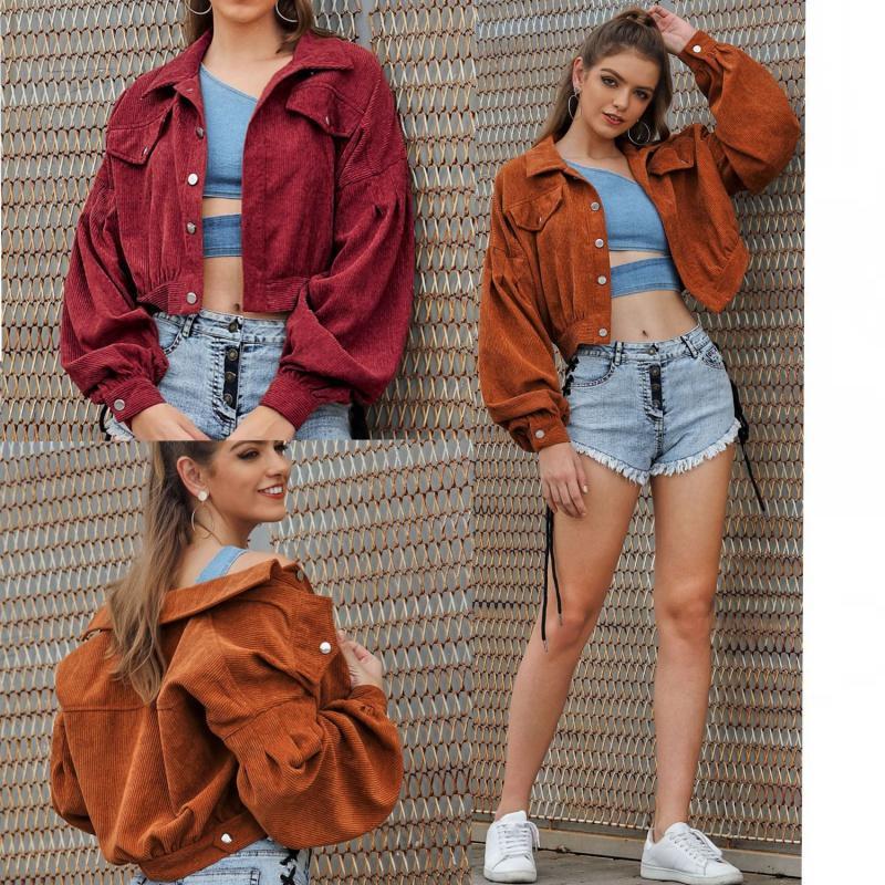 A collage of three images showing a woman modeling a corduroy long sleeve jacket in different poses. In one image, she wears the jacket in a brown color, and in the other two, she wears it in a red and orange color.