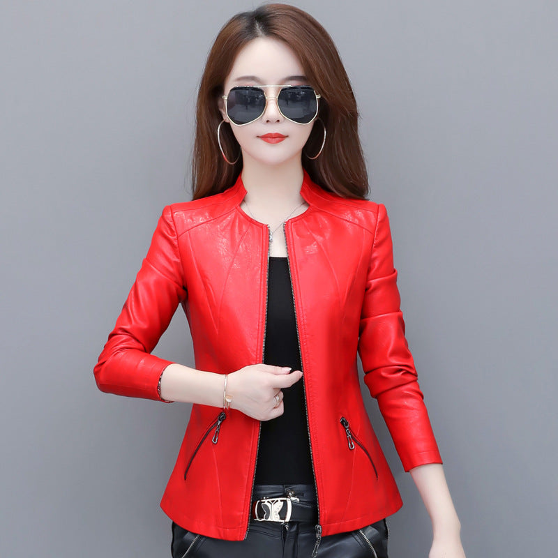 Slim-Fit Short Leather Jacket – Korean Style, Suit Collar