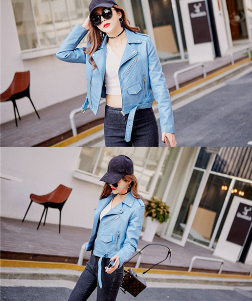 Pastel Blue Slim-Fit Women’s Motorcycle Jacket – PU Belted Moto Chic