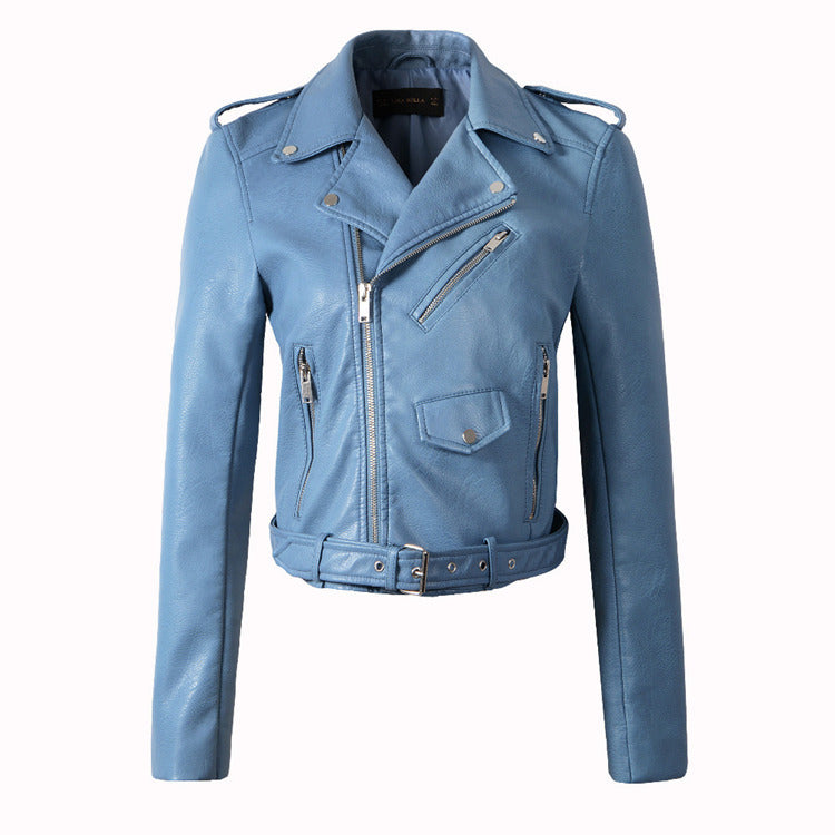 Pastel Blue Slim-Fit Women’s Motorcycle Jacket – PU Belted Moto Chic
