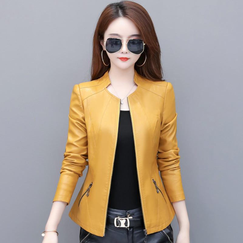 Slim-Fit Short Leather Jacket – Korean Style, Suit Collar