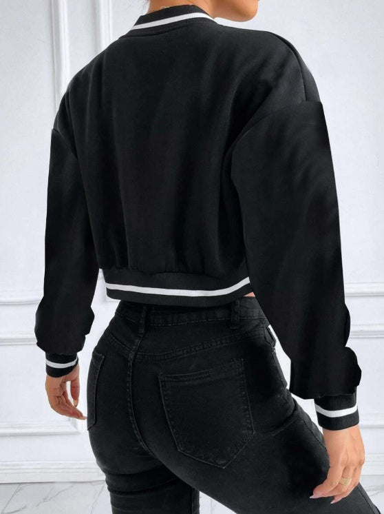 Chic Ladies’ Printed Baseball-Collar Jacket – Casual, Lightweight & Fitted