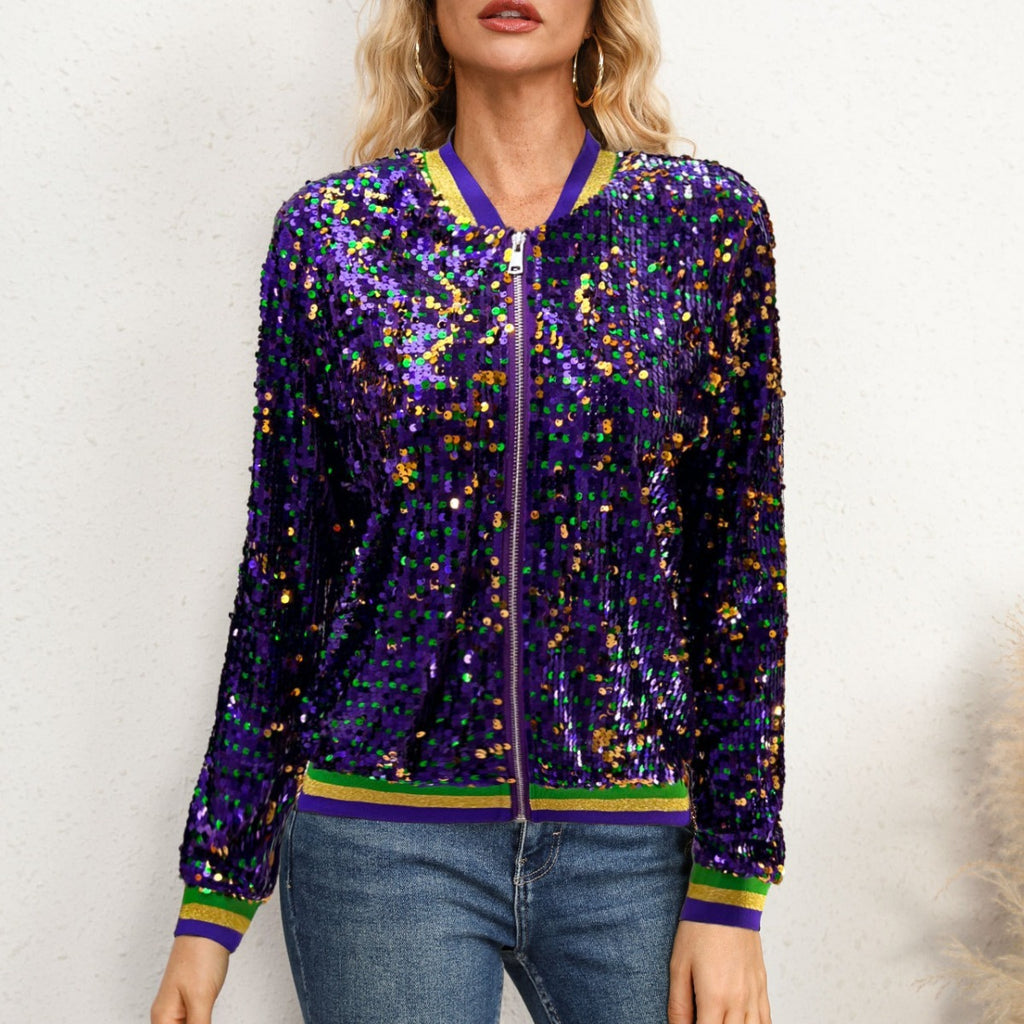 Women’s Purple Sequined Varsity-Style Cardigan Jacket – Embroidered Purple Zip-Up
