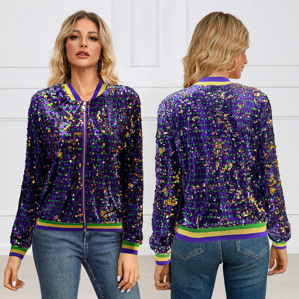 A woman modeling a long sleeve sequined baseball uniform jacket in purple with embroidery details, front and back view.