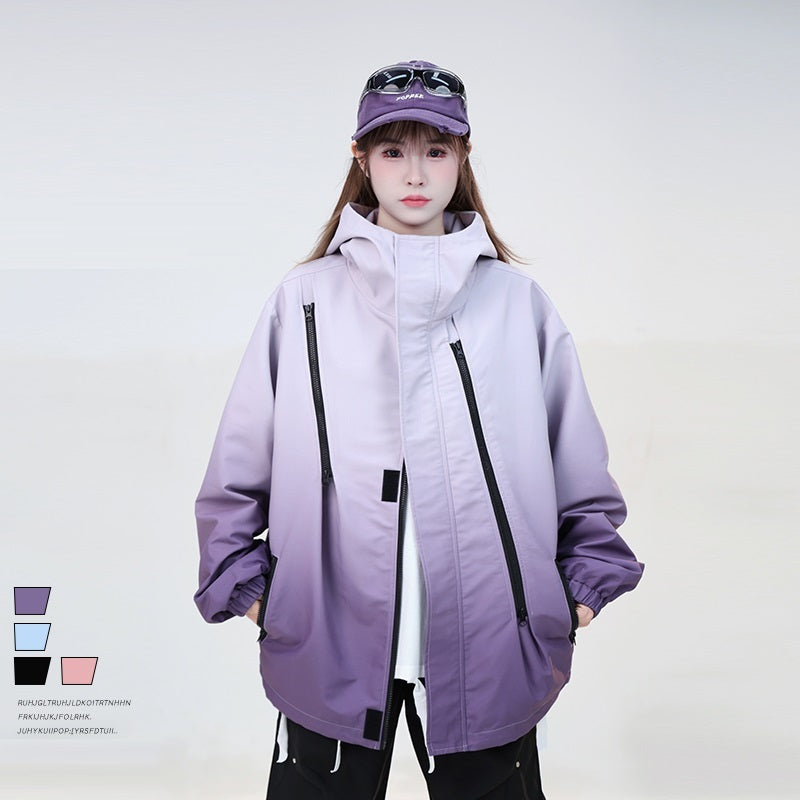 Gradient Color Waterproof Streetwear Jacket – Bold Patch-Pocket Coat