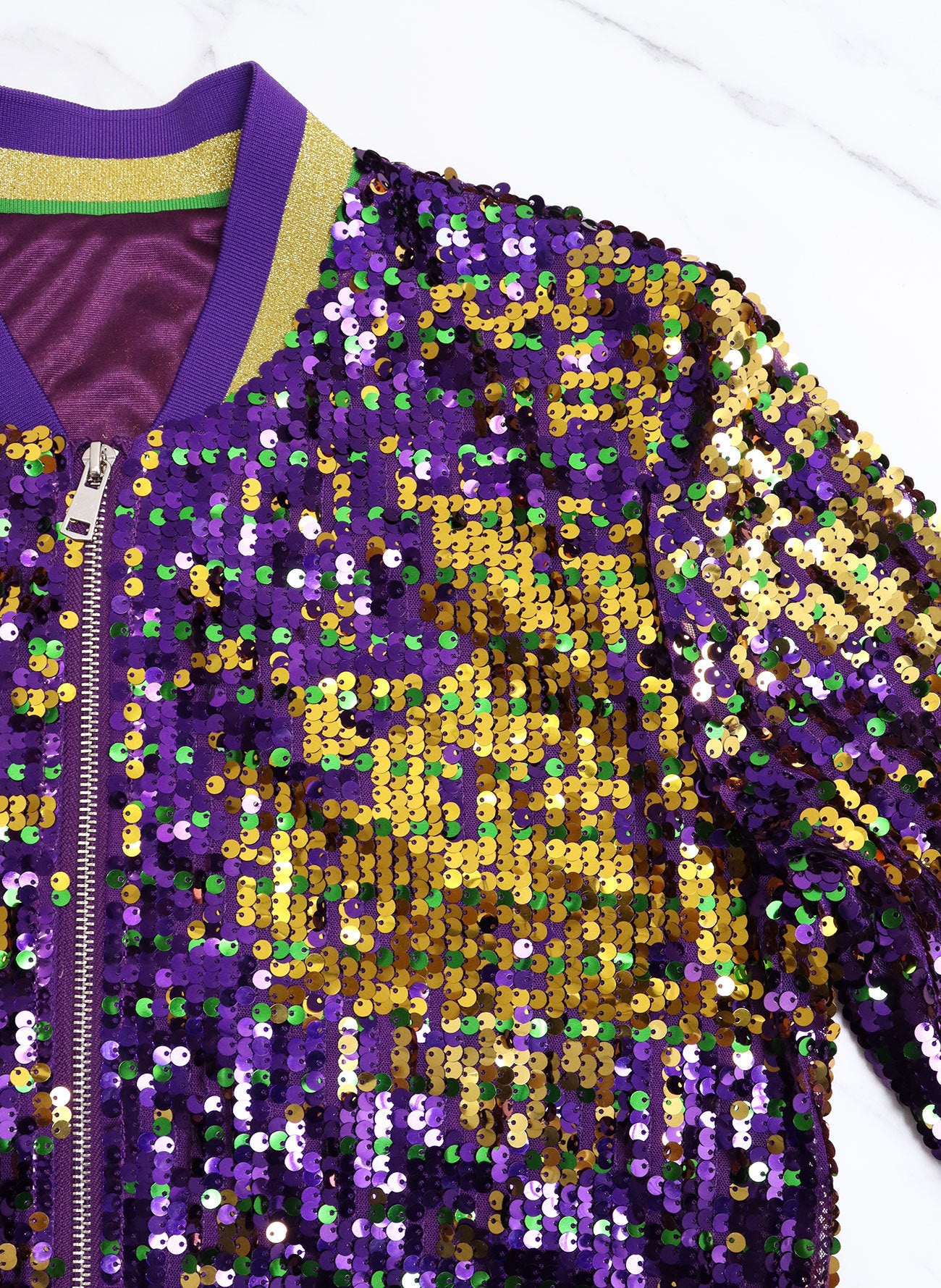 Women’s Purple Sequined Varsity-Style Cardigan Jacket – Embroidered Purple Zip-Up
