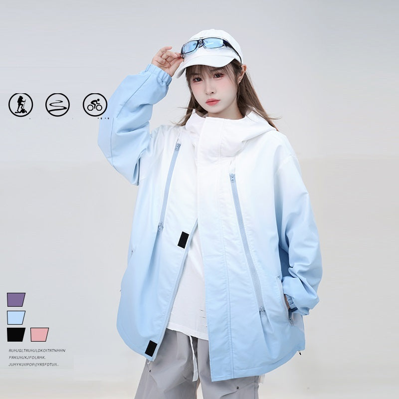 Gradient Color Waterproof Streetwear Jacket – Bold Patch-Pocket Coat