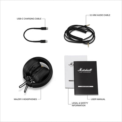 Marshall Major V Bluetooth On‑Ear Headphones – 100+ Hours Playtime, Wireless Charging, Rugged Foldable Design