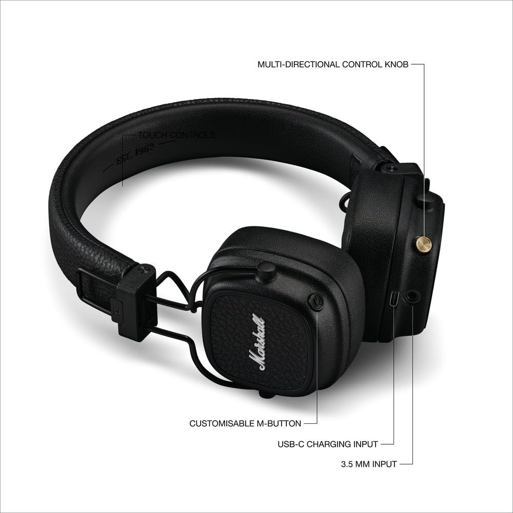 Marshall Major V Bluetooth On‑Ear Headphones – 100+ Hours Playtime, Wireless Charging, Rugged Foldable Design