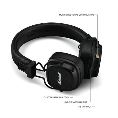Marshall Major V Bluetooth On‑Ear Headphones – 100+ Hours Playtime, Wireless Charging, Rugged Foldable Design