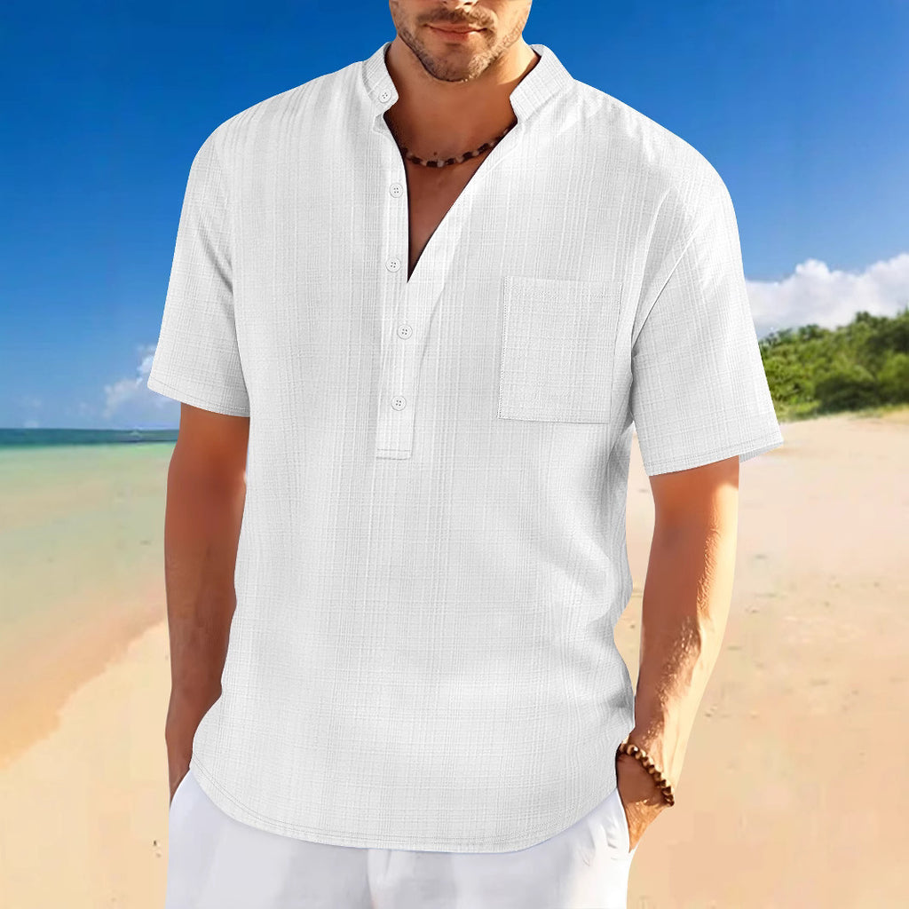 Stand Collar Short Sleeve Loose Leisure Vacation Henley Shirt