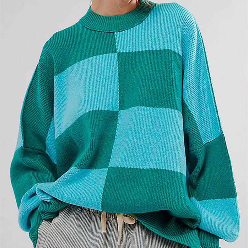 Женский свободный клетчатый вязаный свитер-пуловер | Стильный и удобный