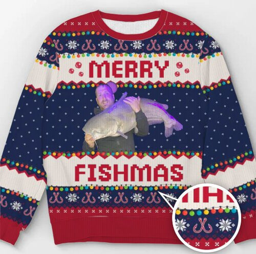 Suéter de punto grueso "Feliz Navidad" | Diversión festiva para los amantes de la pesca 