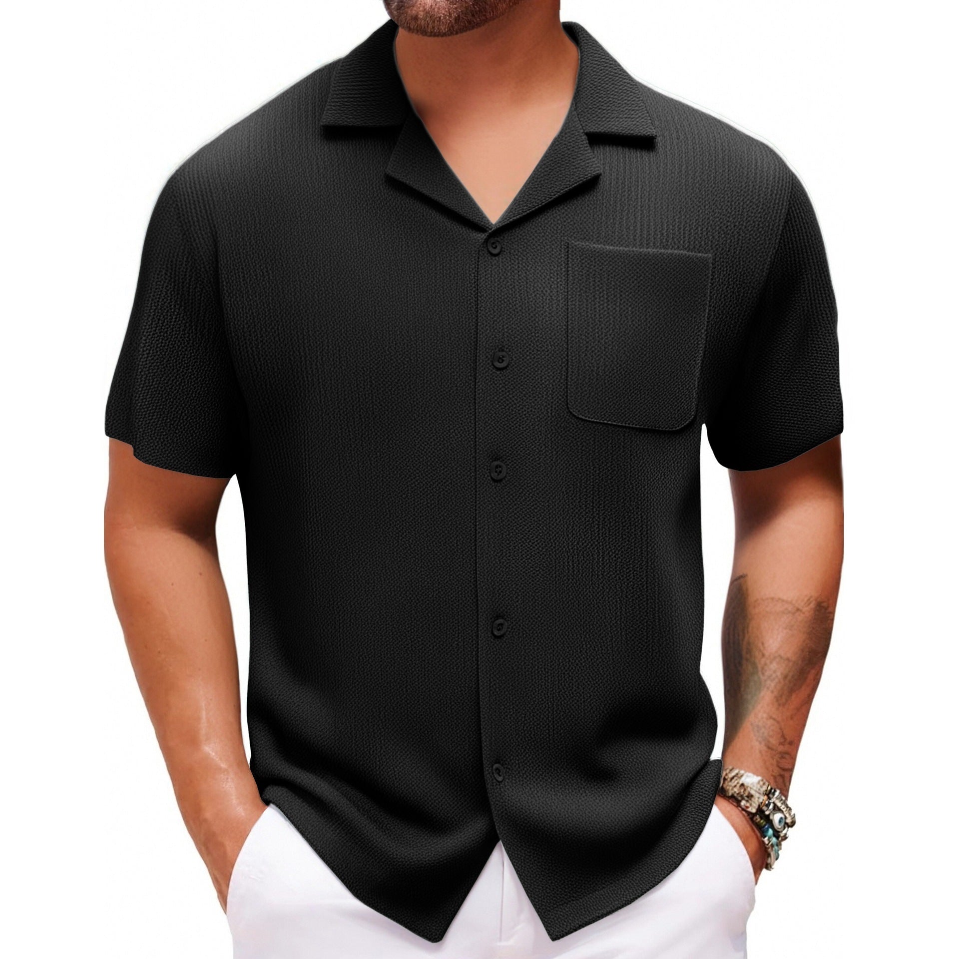 Cuban Collar Short Sleeve Shirt Vacation Style