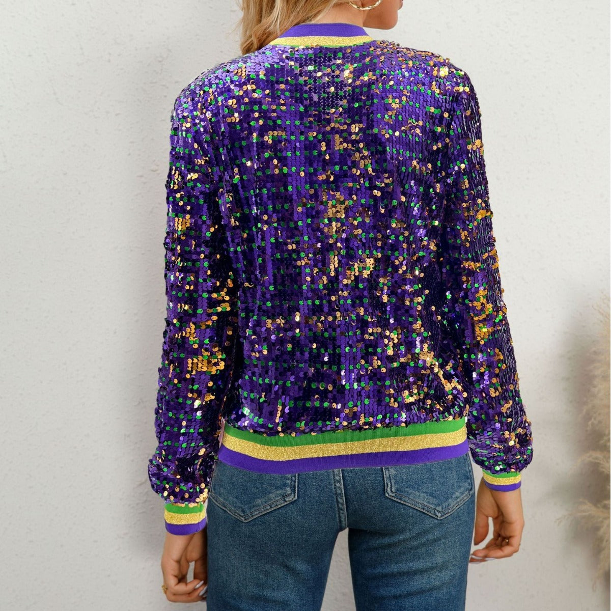 Women’s Purple Sequined Varsity-Style Cardigan Jacket – Embroidered Purple Zip-Up