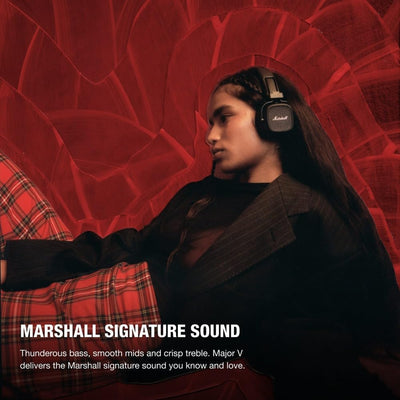 Marshall Major V Bluetooth On‑Ear Headphones – 100+ Hours Playtime, Wireless Charging, Rugged Foldable Design