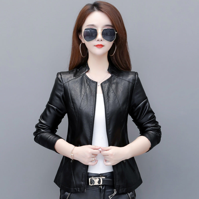 Slim-Fit Short Leather Jacket – Korean Style, Suit Collar