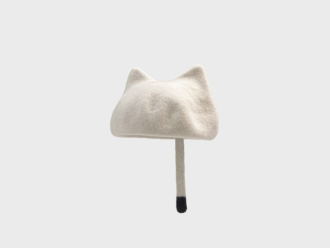 Gorro de lana para amantes de los gatos | Cola y orejas | Boina cálida y elegante