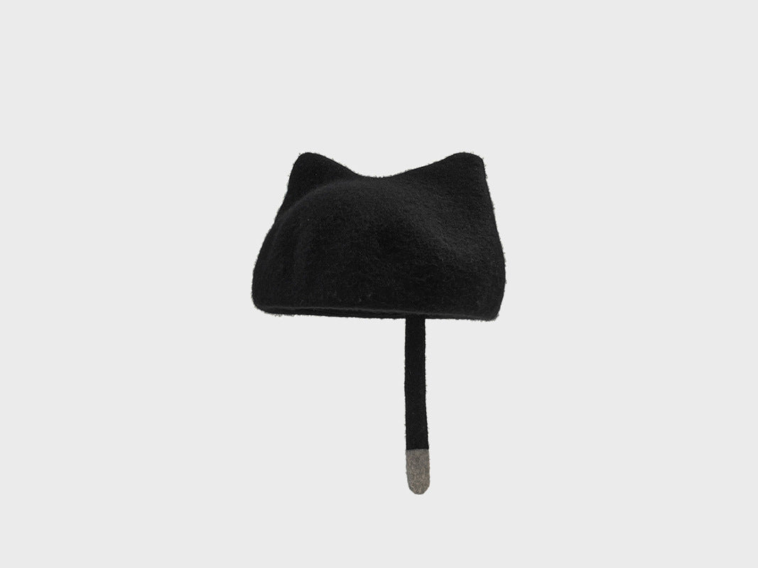 Gorro de lana para amantes de los gatos | Cola y orejas | Boina cálida y elegante
