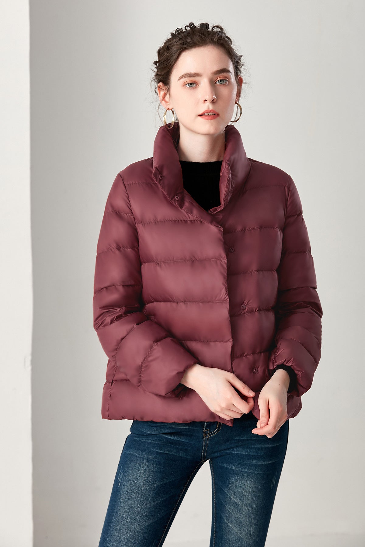 Women’s Lightweight Loose Casual Duck Down Jacket – Stand-Up Collar