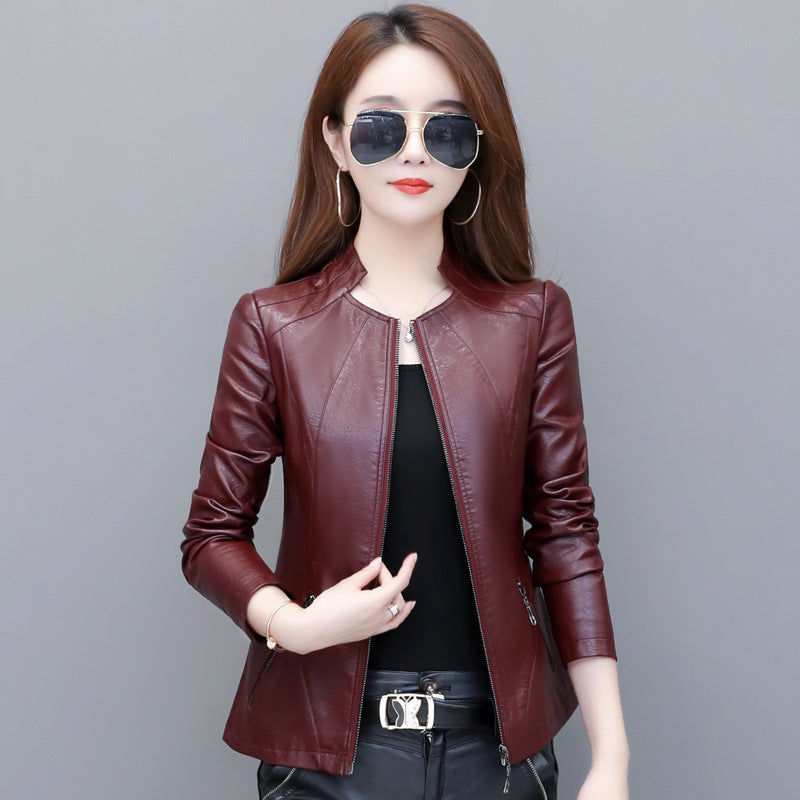 Slim-Fit Short Leather Jacket – Korean Style, Suit Collar