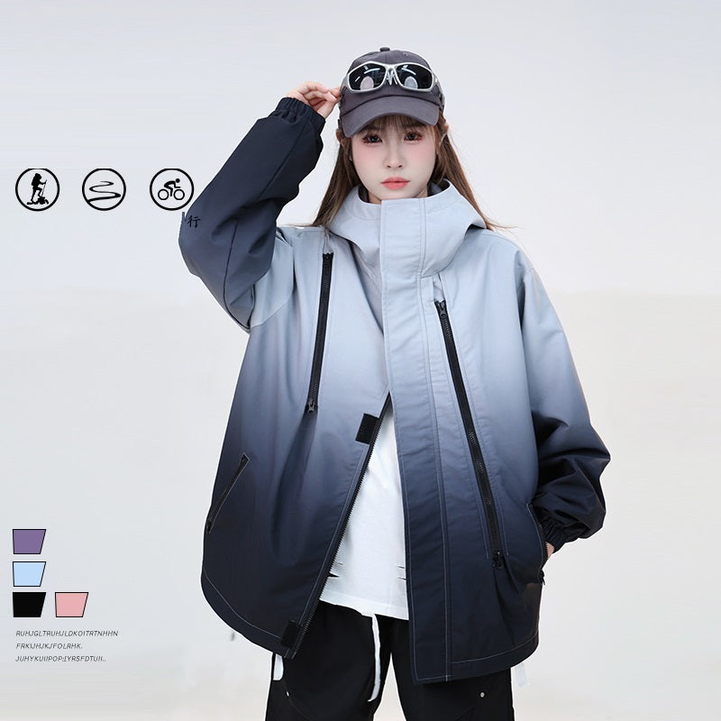 Gradient Color Waterproof Streetwear Jacket – Bold Patch-Pocket Coat