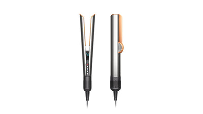 Dyson Airstraight hair straightener with a metallic finish on a white background