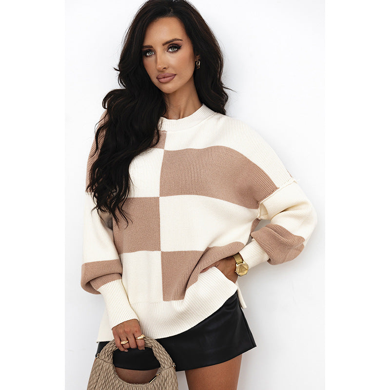 Women's Loose Fit Checkered Knitted Pullover Sweater | Stylish and Comfortable
