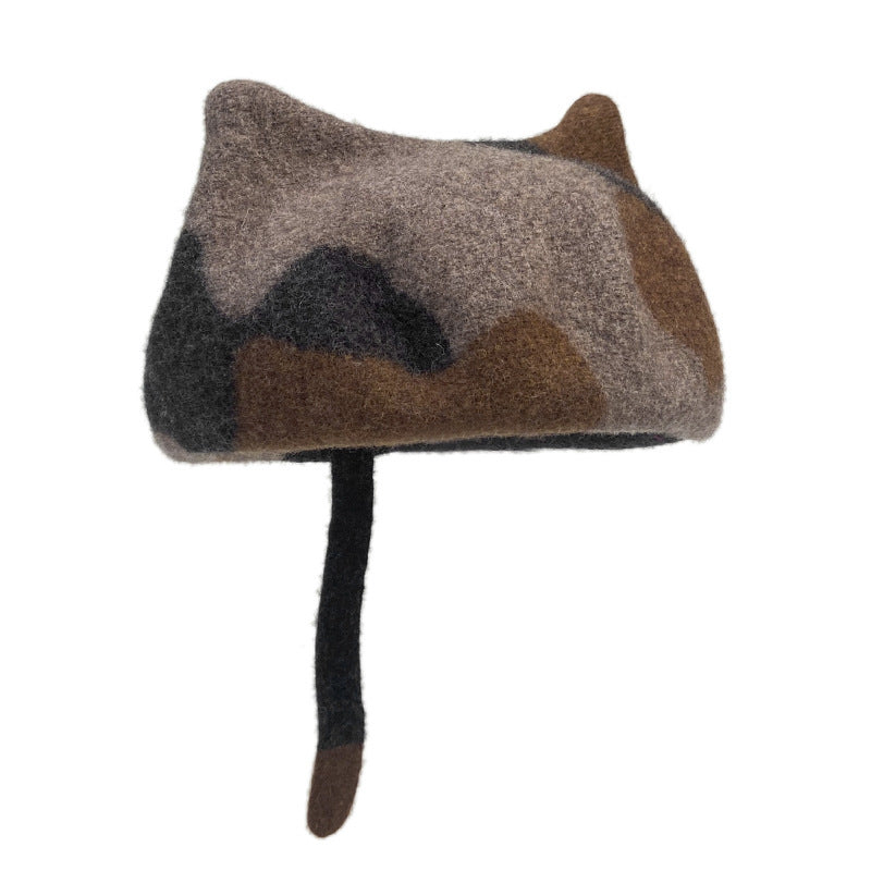 Cat Lover Wool Cap | Tail & Ears | Warm and Stylish Beret Cap