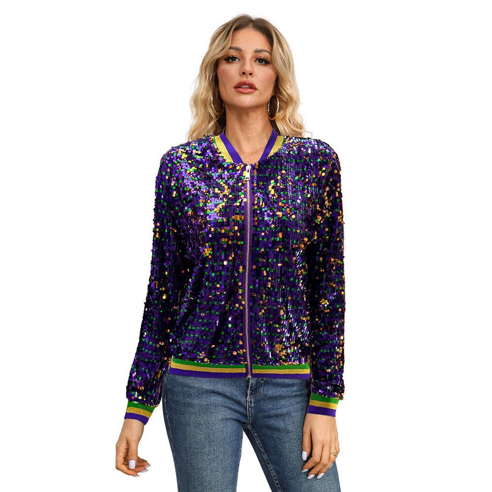 Women’s Purple Sequined Varsity-Style Cardigan Jacket – Embroidered Purple Zip-Up
