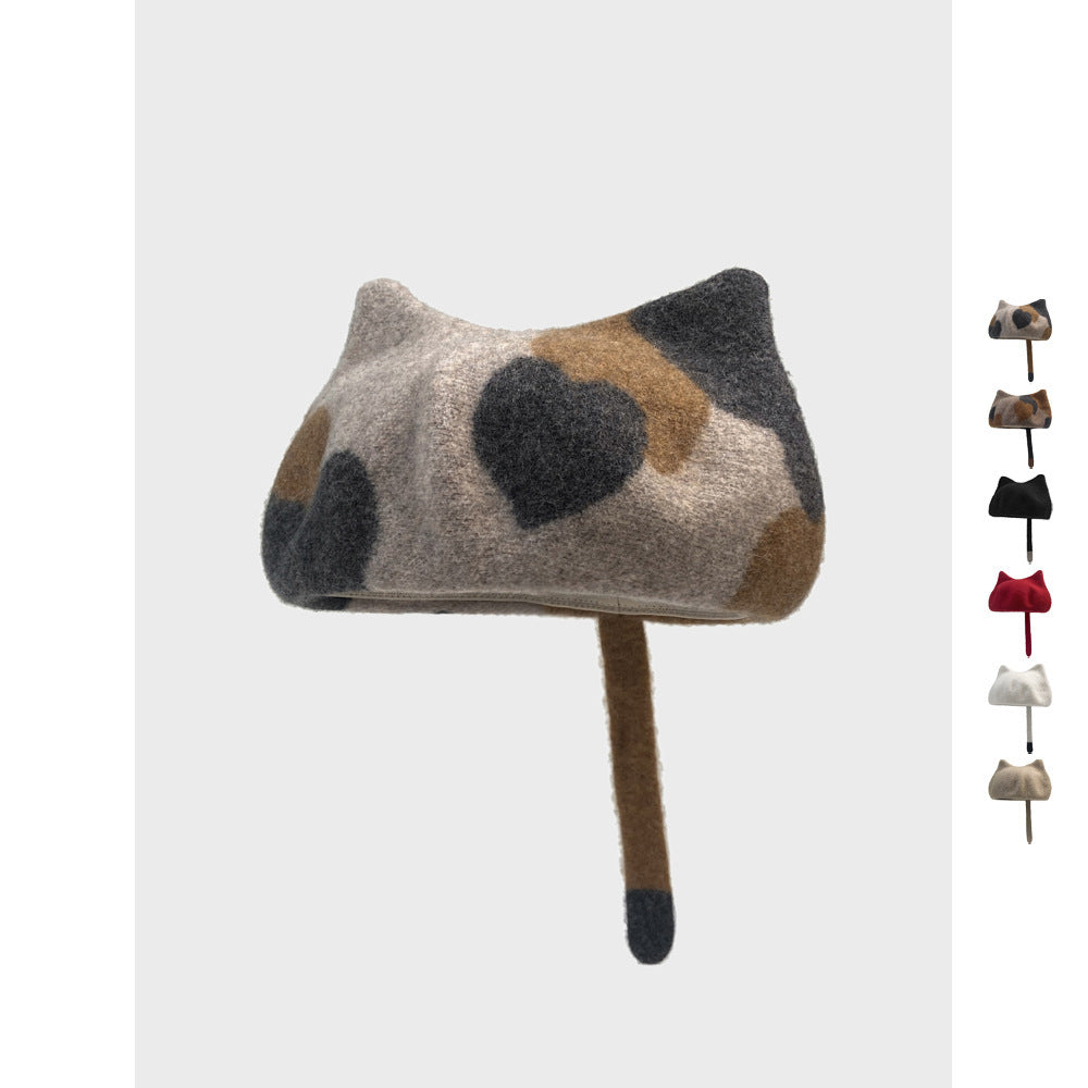 Gorro de lana para amantes de los gatos | Cola y orejas | Boina cálida y elegante