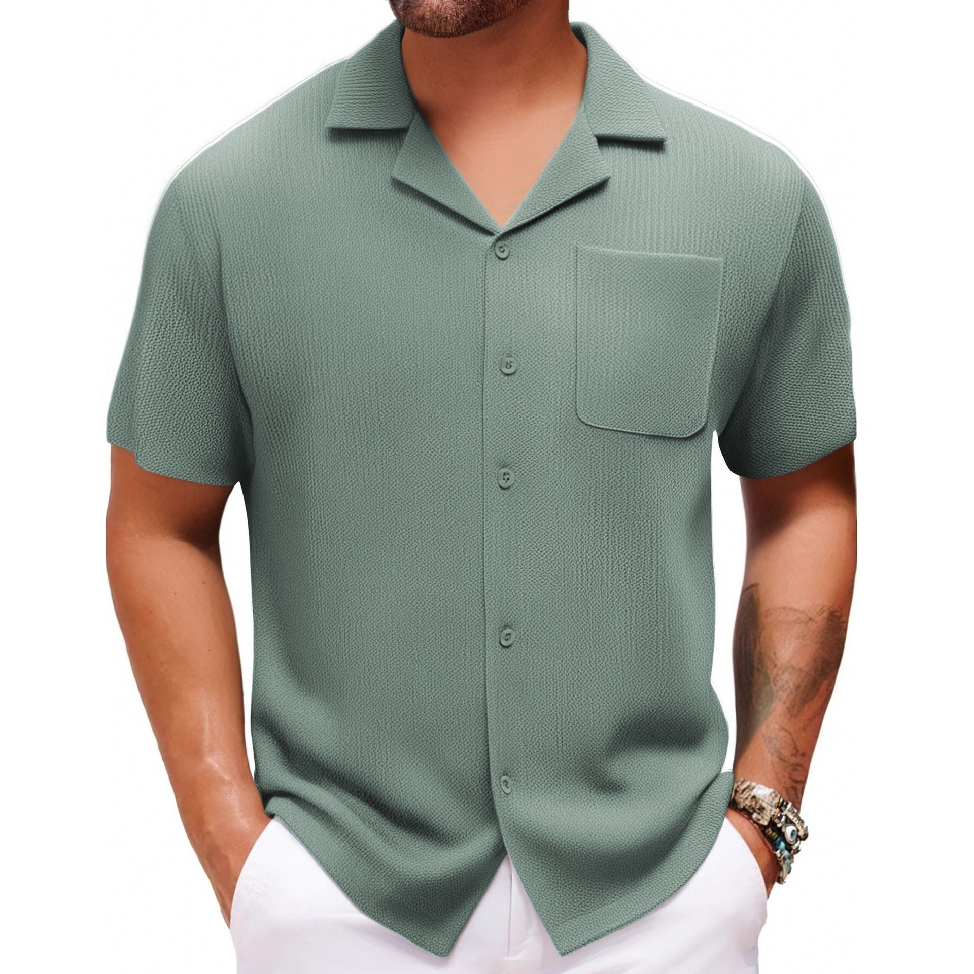 Cuban Collar Short Sleeve Shirt Vacation Style