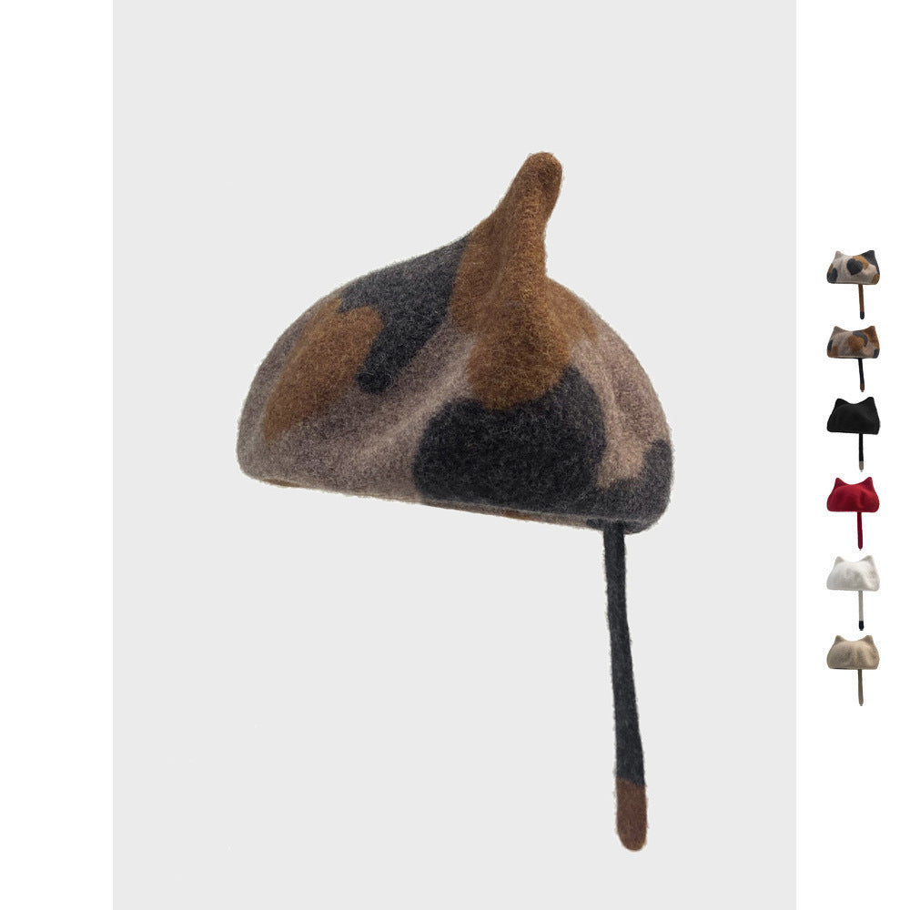 Gorro de lana para amantes de los gatos | Cola y orejas | Boina cálida y elegante