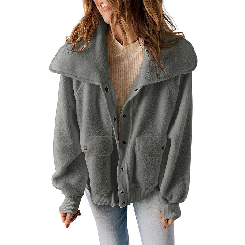 Women’s Plush Long-Sleeve Cardigan Jacket – Thick Cozy Button-Up
