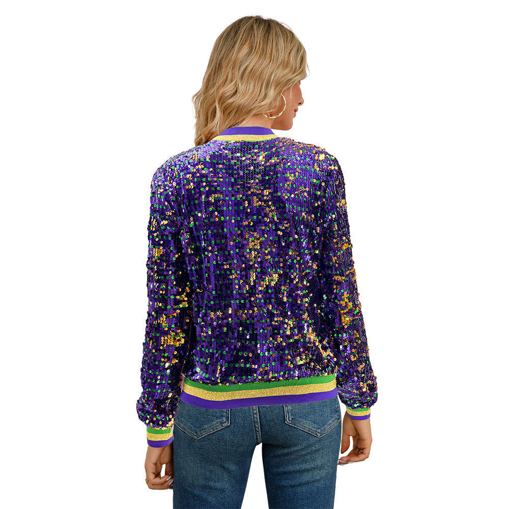 Women’s Purple Sequined Varsity-Style Cardigan Jacket – Embroidered Purple Zip-Up