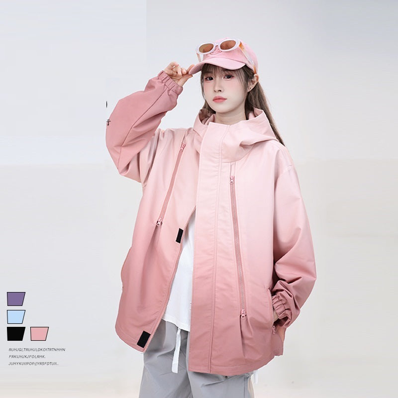 Gradient Color Waterproof Streetwear Jacket – Bold Patch-Pocket Coat