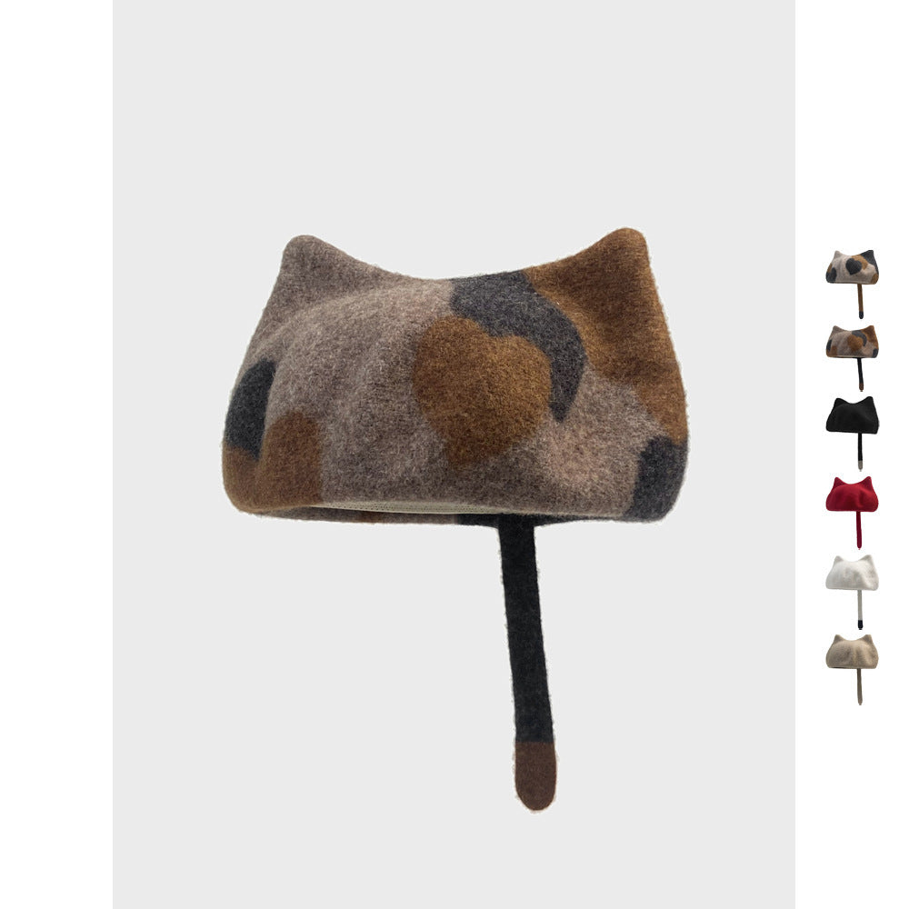 Cat Lover Wool Cap | Tail & Ears | Warm and Stylish Beret Cap