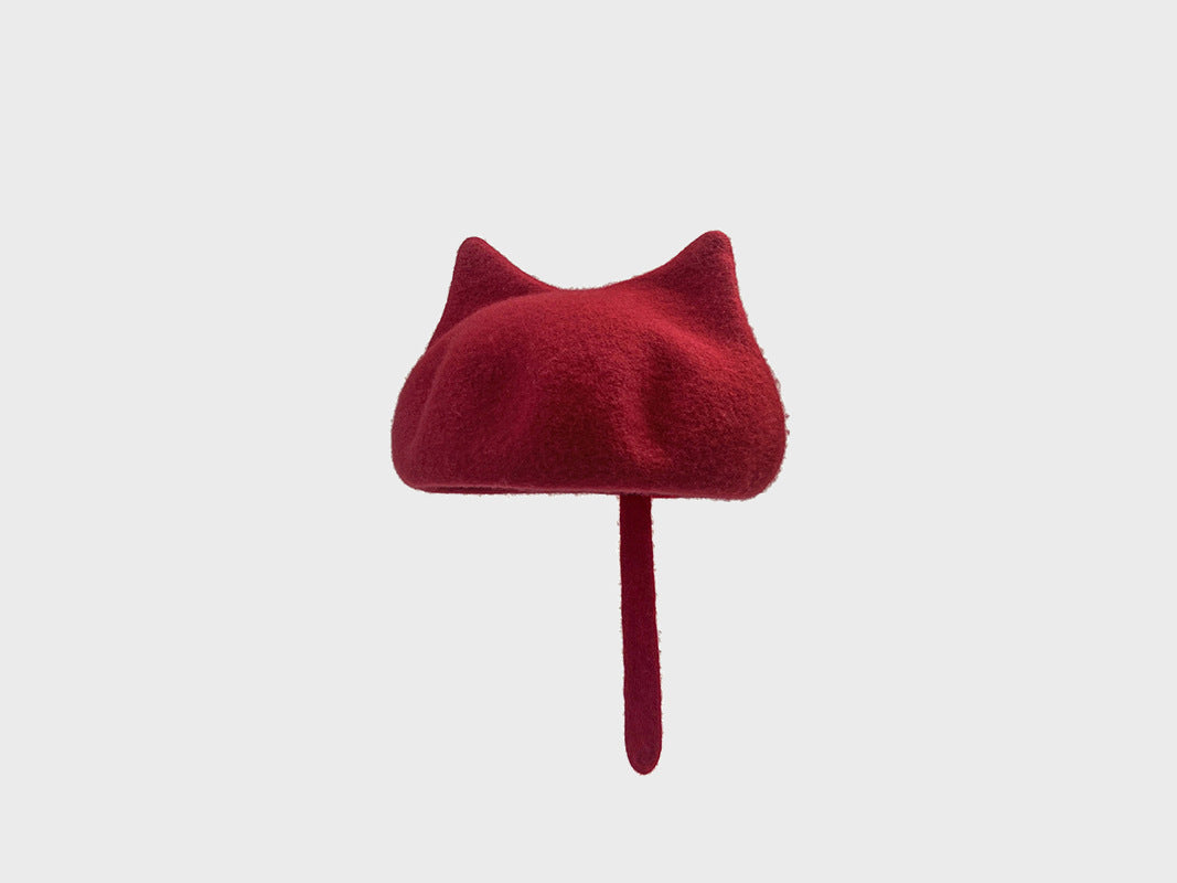 Gorro de lana para amantes de los gatos | Cola y orejas | Boina cálida y elegante