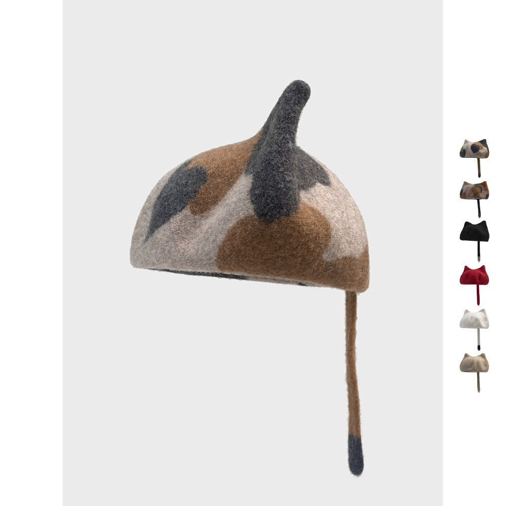Cat Lover Wool Cap | Tail & Ears | Warm and Stylish Beret Cap