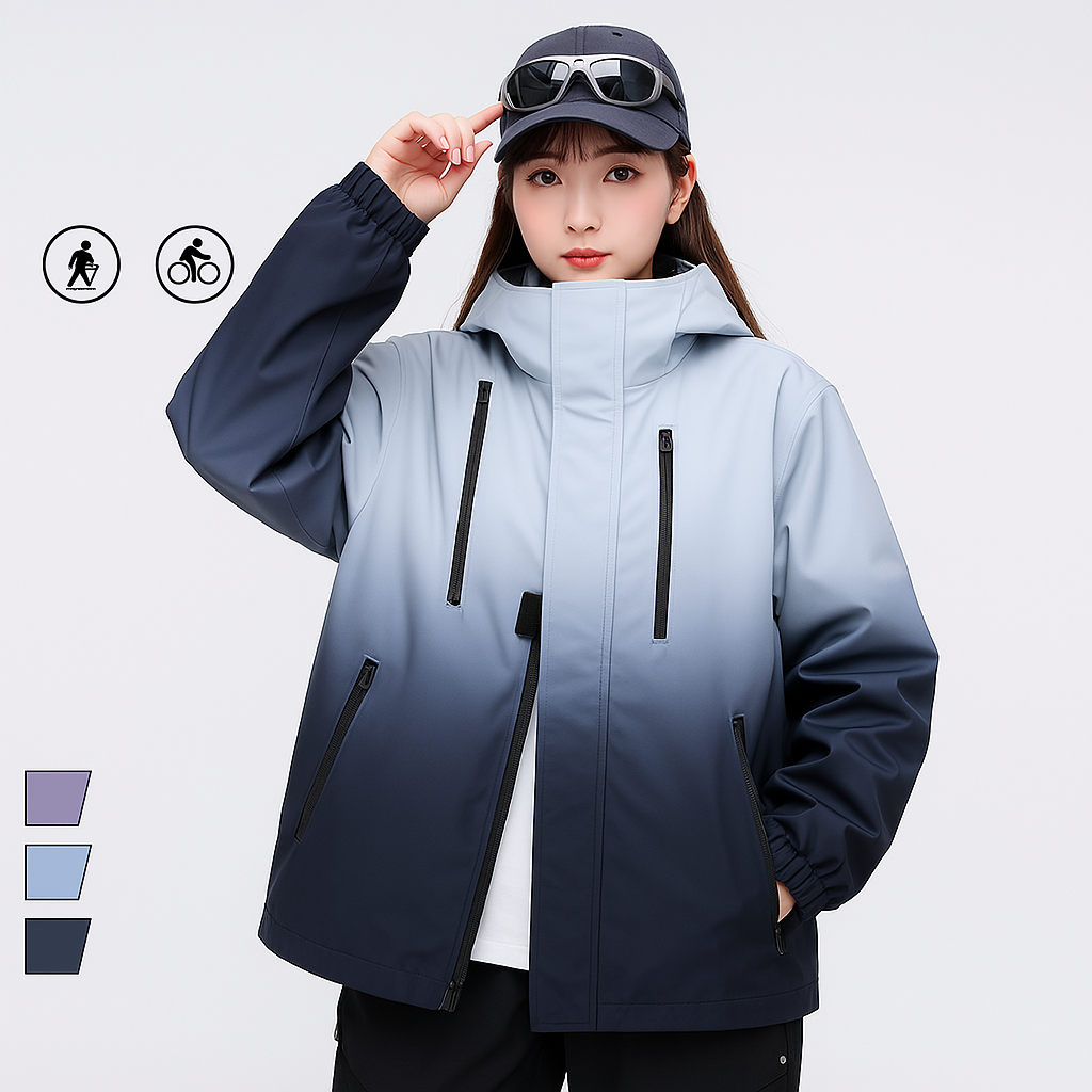 Gradient Color Waterproof Streetwear Jacket – Bold Patch-Pocket Coat